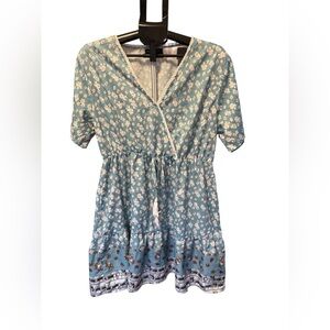 Bloom Chic Floral Boho Mini Dress 1X US 16 Blue Tassel Tie Waist